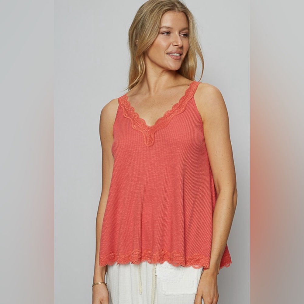 302B-RASBERRY ROSE. Lace Trim Ribbed Long Tank - Picture 1 of 6